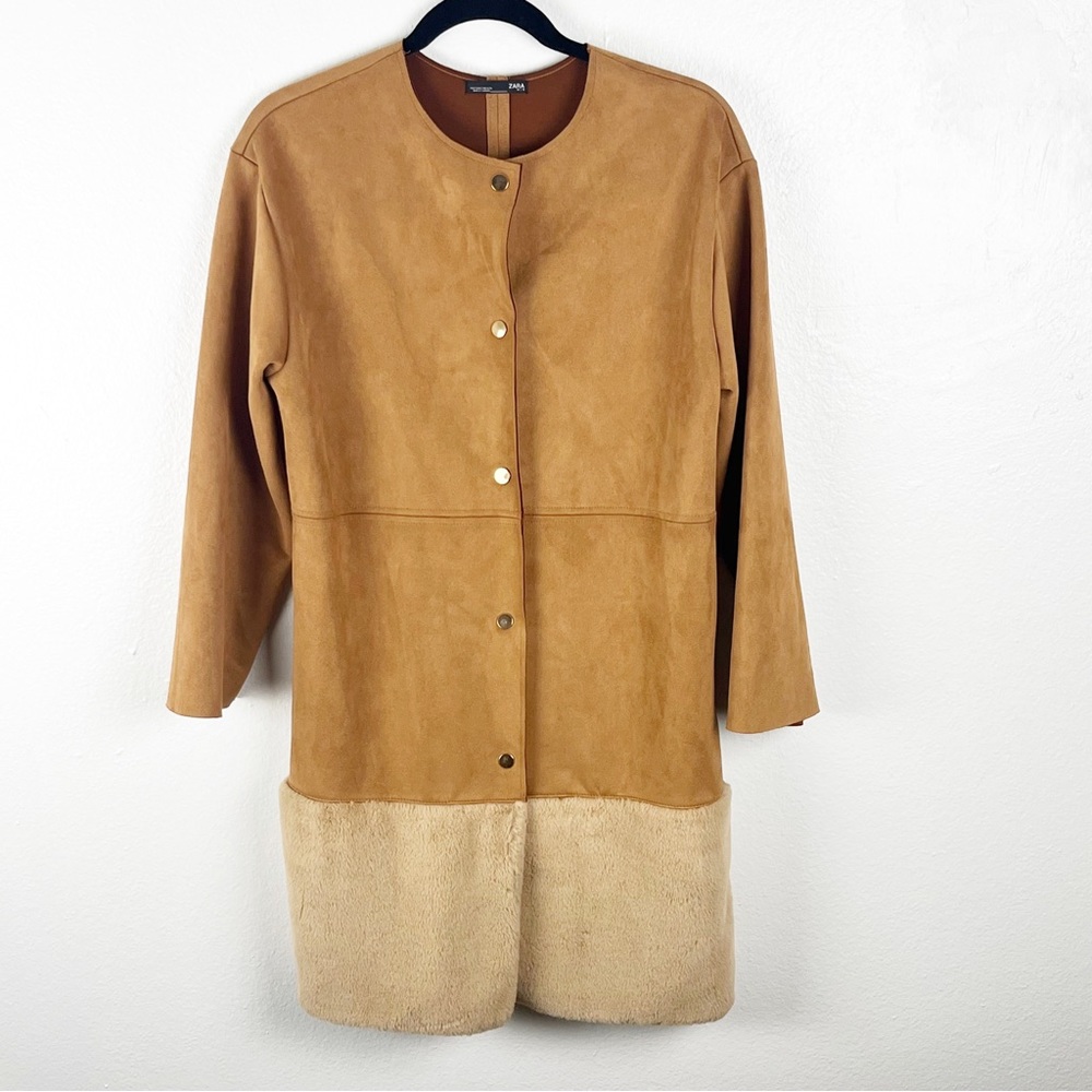 ZARA Faux Suede Vegan Fur Trim Camel Snap Button Closure Side Pocket Coat Small